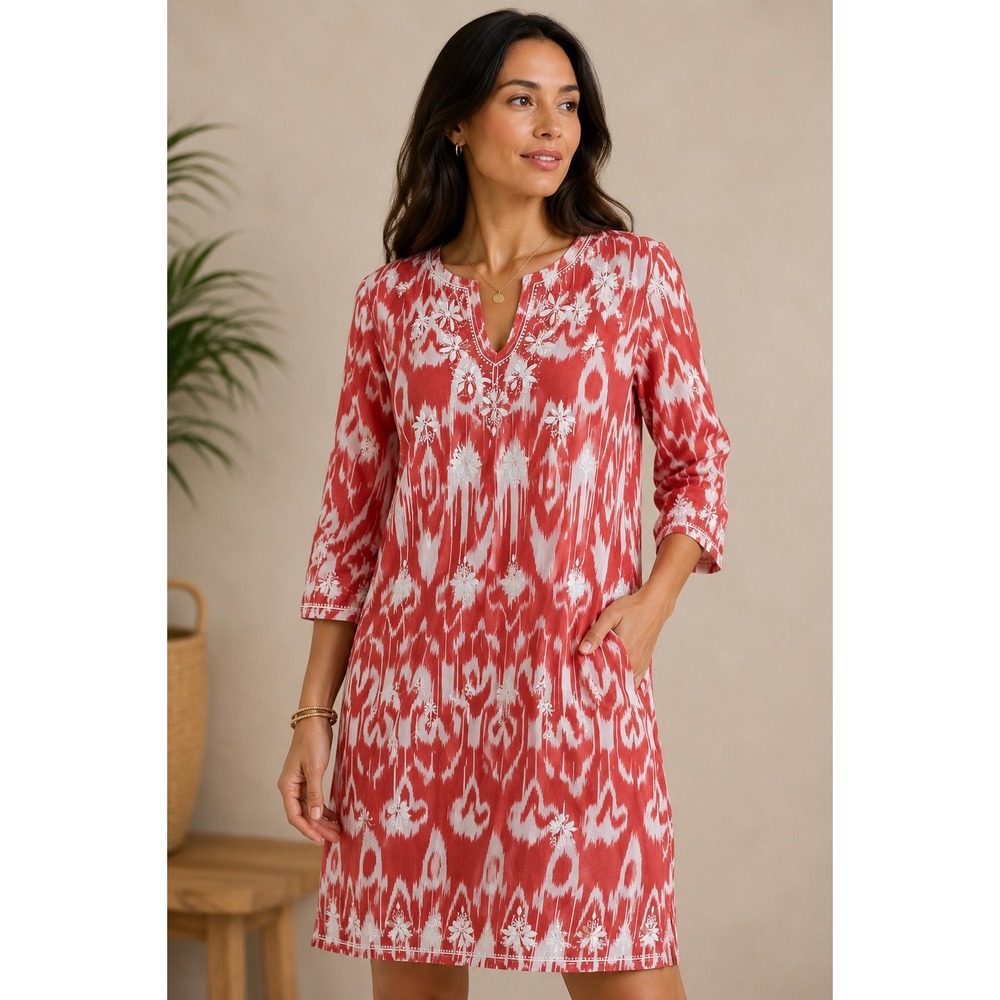 NWT GRETCHEN SCOTT‎ Tunic Dress Women's XS Orange Ikat Embroidered Resortwear
